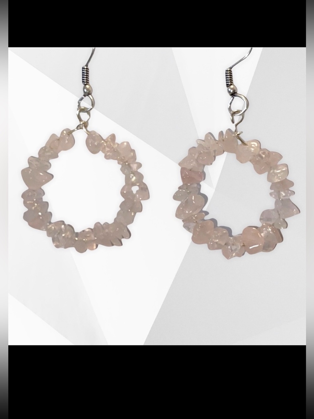 Hand Crafted Rose Quartz Chip Earrings Dangle Hoop Pink Stones Boho Pierced